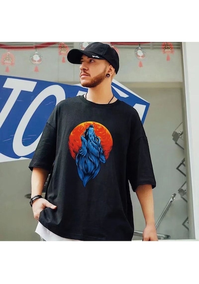 Flood Of Style Erkek Siyah Kurt Baskılı Oversize Biziklet Yaka Tişört