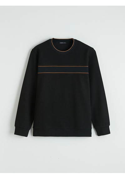 Lcwaıkıkı Classic Siyah Bisiklet Yaka Şerit Detaylı Erkek Sweatshirt