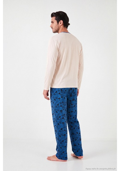 Buratti Baskılı Pamuklu Bisiklet Yaka Uzun Kollu Pijama Takımı Erkek Pijama Takımı 6575004 İndigo