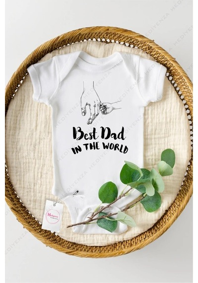 Hediyenza Best Dad in the World Özel Tasarım Bebek Zıbın Pamuklu Çıtçıtlı Body Beyaz