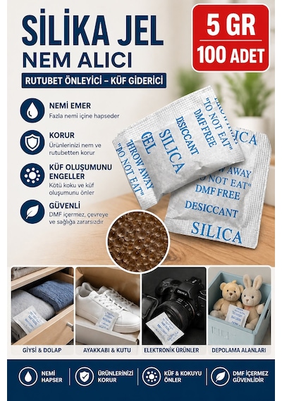 100 Adet 5 Gr Silikajel Nem Alıcı Silika Jel Rutubet Önleyici Küf Giderici Paket
