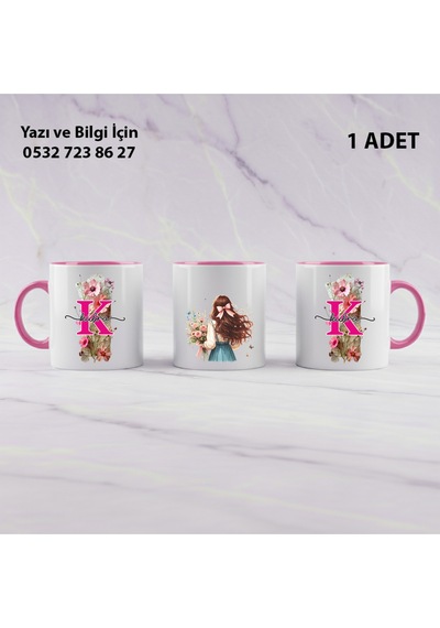 Kişiye Özel Baş Harfli Çiçek Desenli Uzun Saçlı Kızlı Kupa Bardak-arkadaşa Sevgiliyekardeşehediyelik Pembe