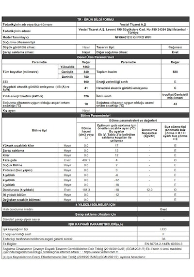 Vestel NFK64012 E GI PRO WIFI No-Frost Kombi Tipi Buzdolabı