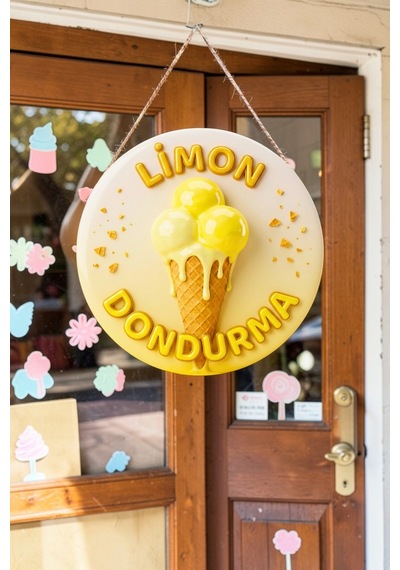 Limonlu Dondurma Görselli İpli Ahşap Kapı Ve Duvar Süsü, Cafe, Dondurmacı Tabelası, Tatlıcı Dekoru