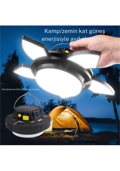 Solar Panelli Telefon Şarj Özellikli Çok Fonksiyonlu Kamp Lambası Aydınlatma Siyah