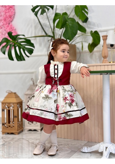 H L Y Karol Tasarım Krem Bordo Vintage Kız Bebek Elbisesi,doğum Günü,fotoğraf Çekim Elbise,0-10 Yaş Uygun KREM