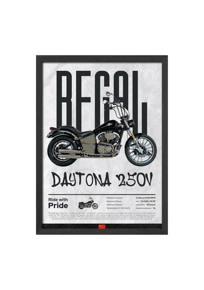Regal Daytona 250v Siyah Ahşap Çerçeveli Poster, Dekoratif Motosiklet Duvar Tablosu Çok Renkli