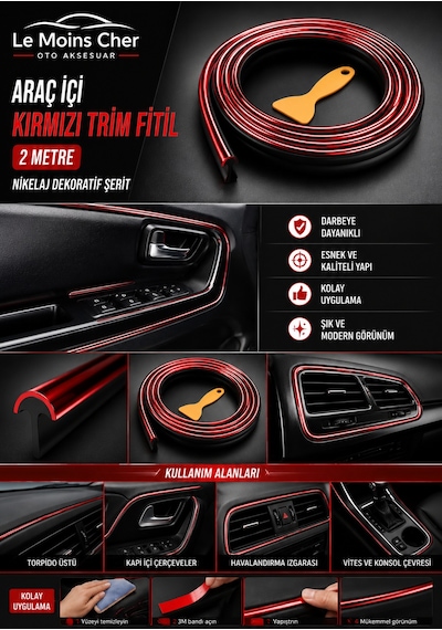 Mercedes-benz Sprinter Panelvan Araç İçi Kırmızı Trim Fitil 2 Metre Nikelaj Dekoratif Şerit
