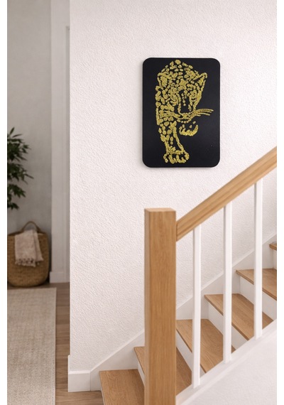 Leopar Figürlü Sim Detaylı Mdf Duvar Tablosu Modern Dekoratif Duvar Dekoru Siyah