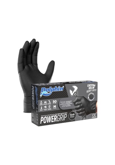 Dolphin Powergrip Kalın Siyah Nitril Eldiven M Beden - X 12 Adet