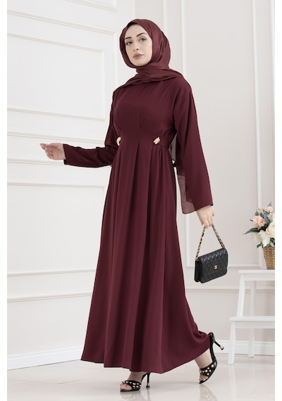 Sevitli Beli Toka Detaylı Tesettür Elbise-bordo-5661 Bordo