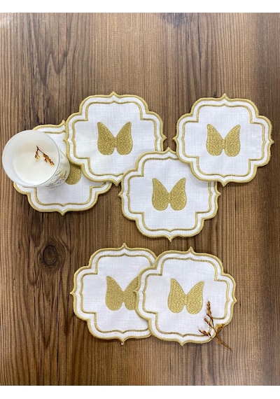 Gold Angel 6'lı Kahve Yanı Sunumluk Peçete Linen Keten Sırma Nakış İşlemeli Kokteyl Peçetesi Altın