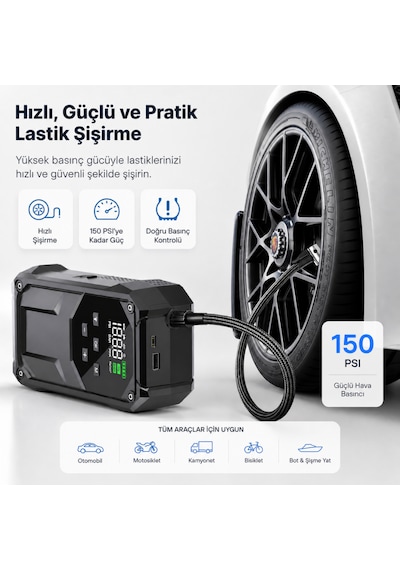 Solvis 5'i 1 Arada 12v Akıllı Akü Takviye Cihazı, Lastik Şişirme Pompası, Powerbank Ve Led Aydınlatma Çanta Hediyeli