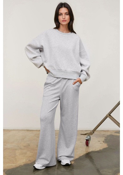 Hiccup Loose Fit Bisiklet Yaka Pamuklu Basic Şardonlu Örme Sweatshirt Gri