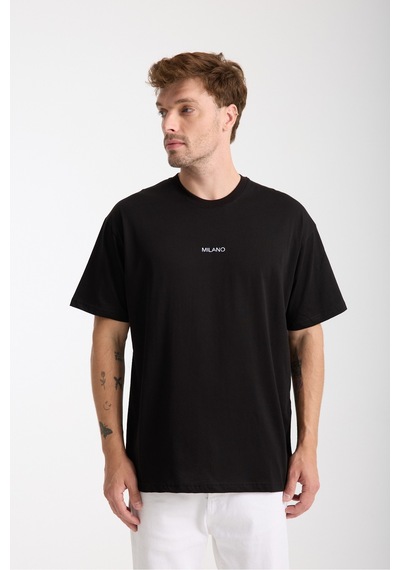 Erkek Milano Nakış Yazılı Oversize Bisiklet Yaka T-shirt Siyah