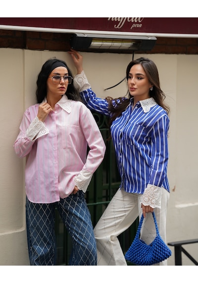 Loısy Kadın Kol Ve Yaka Vintage Detaylı Gömlek Pembe