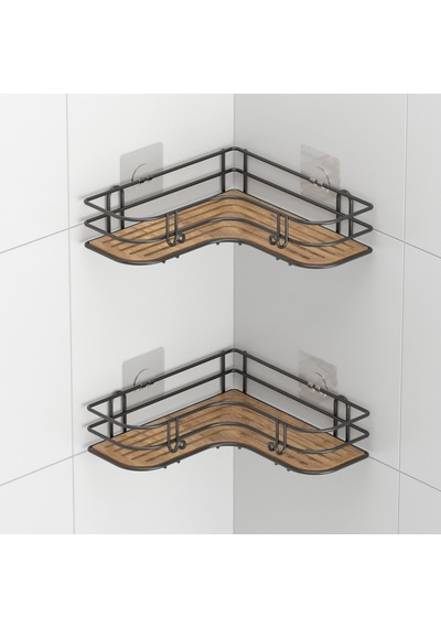 Teknotel Yapışkanlı Kancalı 2 Adet Banyo Köşe Rafı Siyah St278