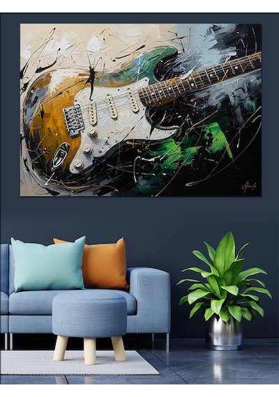 Ahşap Tablo Elektro Gitar Ve Renk Patlaması