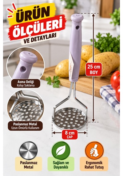 Metal Patates Ezici Püre Yapıcı Domates Sebze Ezme Aparatı Paslanmaz Çelik 25 Cm 8 Cm Mutfak Gereci
