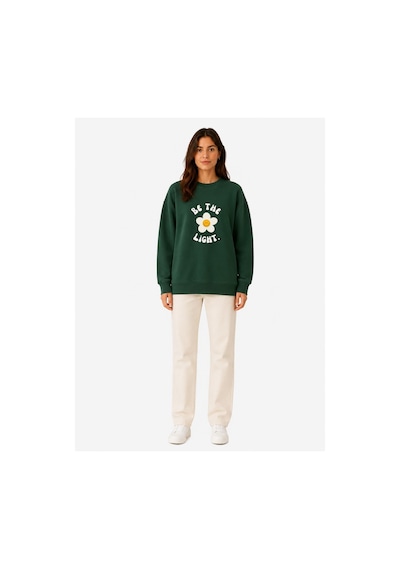 Herkesemoda Be The Light Papatya Baskı Detaylı Şardonlu 2 İplik Bisiklet Yaka Sweatshirt Yeşil