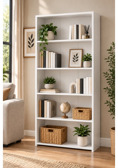 Zeta 5 Raflı Kitaplık Beyaz Modern Dekoratif Kitaplık Çok Amaçlı Raflı Dolap Beyaz Beyaz