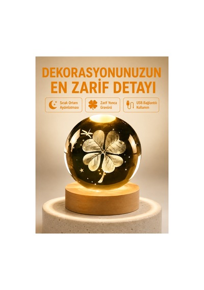 Astraltech Dekoratif Yonca Görünümlü Işıklı Kristal Cam Küre Usb Masa Gece Lambası