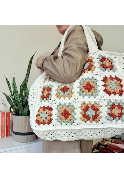 Kemzey Handmade Motifli Büyük Boy Kadife Omuz Çantası , Xxl Kışlık Çantalar Ekru