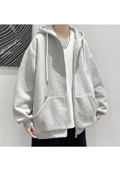 Basic Düz Hırka - Gri Oversize Kapüşonlu Gri