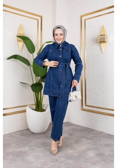 Harman Butik Kadın Düğmeli Kuşaklı 2li Kot Takım Lacivert