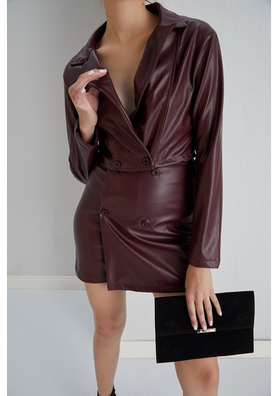 Winmoda34 Şortlu Takım Ceket Suni Deri Şort Etek Ceket Ikili Takım Bordo