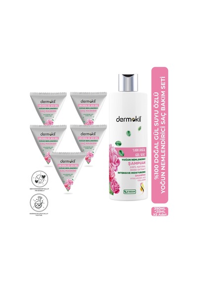 Dermokil %100 Doğal Gül Suyu Yoğun Nemlendirici Şampuan & Maske Saç Bakım Seti Tüm Saç Tipleri