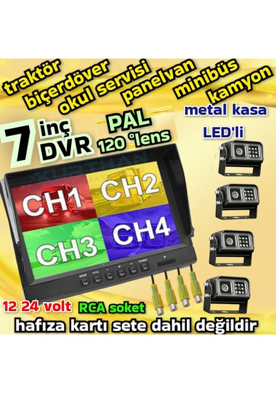 4 Adet Metal Kasa Ledli Kamera 7 İnç Qled Ips Dvr Monitör 12 24 Volt 256 Gb