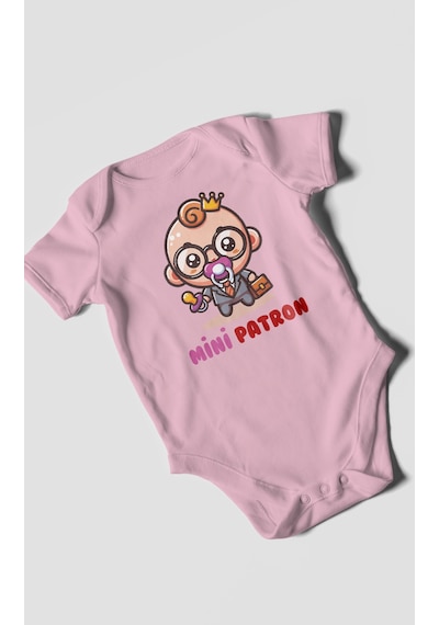 Mini Patron V2 Baskılı Bebek Zıbını Çıtçıtlı Body %100 Pamuk Kısa Kol Koyu Pembe