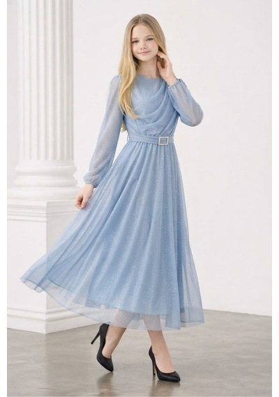 Çlm Store Simli Taşlı Kemer Detaylı Kız Çocuğu Elbise Abiye Bebe Mavi Bebe Mavi