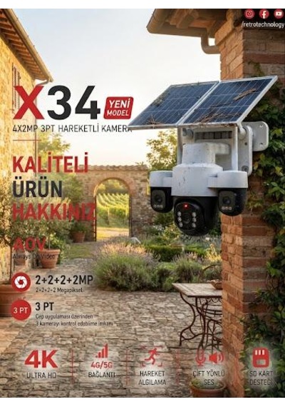 X34 6 Motorlu 4 Kameralı 4g Solar Kamera