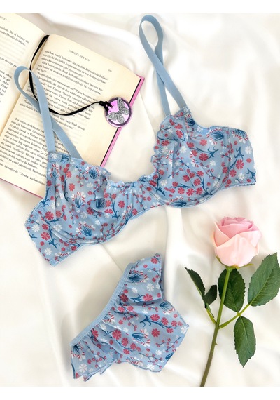 Arinda Butterfly Mavi Tül Çiçek Desenli Balenli Kapsız Fırfırlı Bralette Sütyen Tanga İç Çamaşırı Takımı Alt Üst 2 Parça