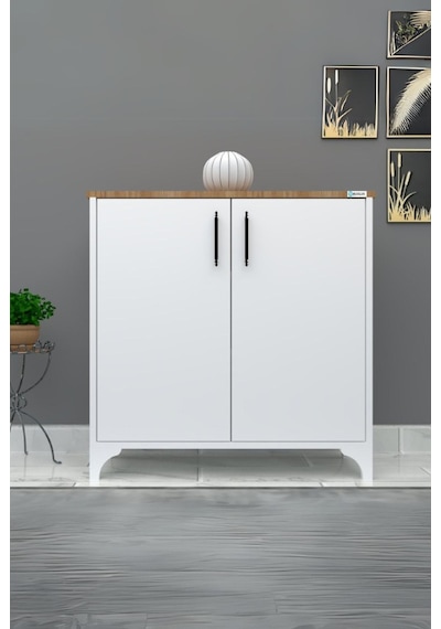 %100 Mdf 2 Kapaklı Küp Üstü Desenli Ayakkabılık Beyaz
