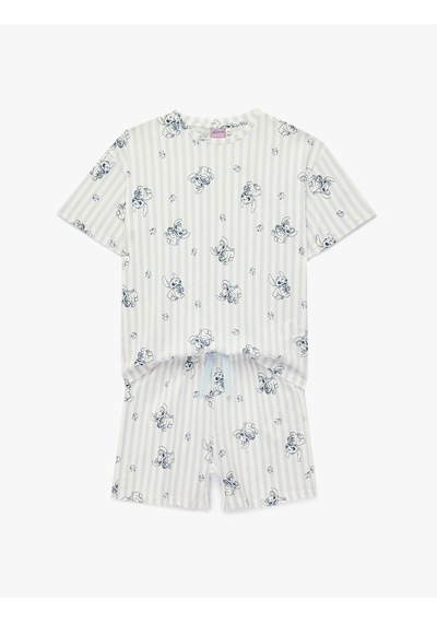 Koton Lisanslı Pamuklu Stitch Baskılı Kısa Kollu Şortlu Pijama Takımı Mavi Çizgili 6slk40209mk