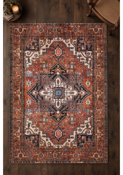 Artloop İstanbul Kiremit Madalyonlu Otantik Desenli Vintage Dokuma Tabanlı Şönil Halı Al 672