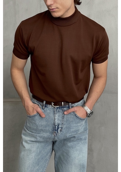 Erkek Oversize Yarım Balıkçı Triko T-shirt Kahverengi