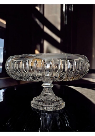 Kesme Kristal Yuvarlak Ayaklı Sunumluk Kase 24 Cm Salata Sunum Kasesi