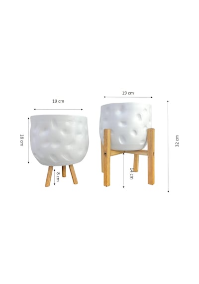 Bitki Tasarımı Ev Dekorasyon Aksesuar Beyaz Desenli Toprak Saksı Saksılık Salon Çiçeklik İkili Set 3-4 Ayaklı 19 Cm