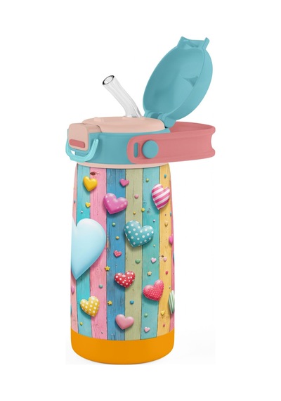 Puccon 420 Ml Turkuaz Pembe Kız Çocuk Kalp Desenli Çelik Matara - 60012
