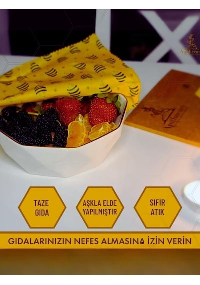 Gıda Sargısı - Arı Desenli - Balmumlu Büyük Orta Küçük Boy 3'lü Set Çok Amaçlı Gıda Saklama Bezi S-m-l