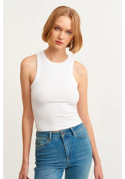 Refox Kadın Beyaz Fitilli T-shirt Halter Yaka Örme Atlet , Sporcu Atlet