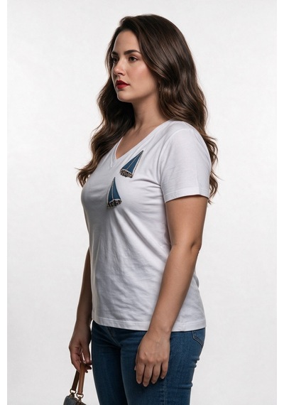 Vedi-bb Kadın Büyük Beden V Yaka Yelkenli İşlemeli Pamuk Karışımlı Kısa Kollu T-shirt Mavi