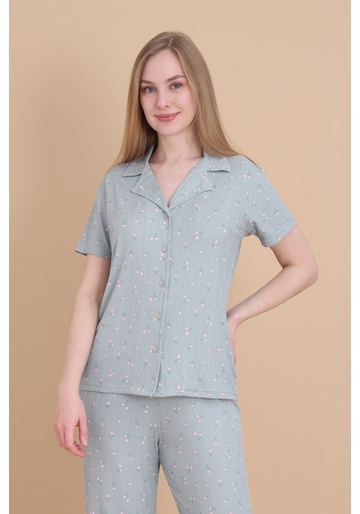 Wordex Mirano 9512 Güllü Pegasus Kumaş Düğmeli Kısa Kolu Kadın Pijama Takımı Yeşil