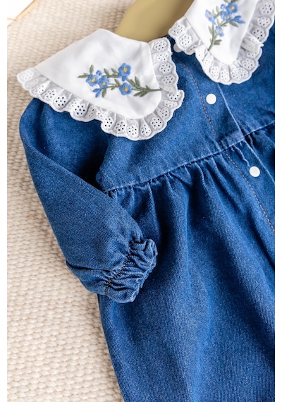 Baby Mod Fistolu Bebe Yaka %100 Pamuk Denim Kız Bebek Kot Tulum Mavi