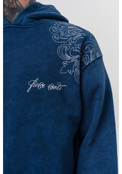 Respire Erkek Fierce Baskılı Yıkamalı Kapüşonlu Oversize Hoodie İndigo