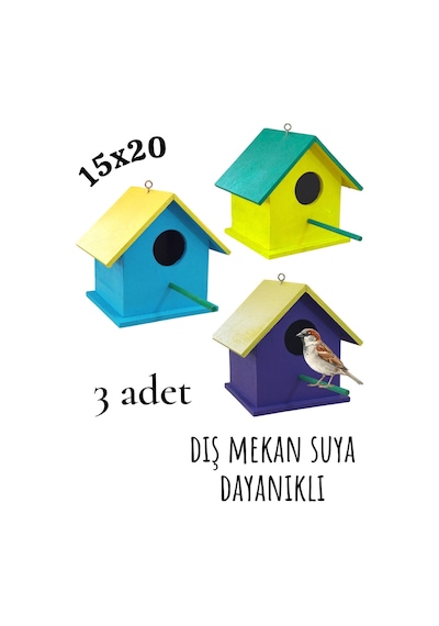 Ncy Ahşap Kuş Yuvası Kuş Evi Dış Mekan Suya Dayanıklı 3 Adet 15 x 15 x 20 CM